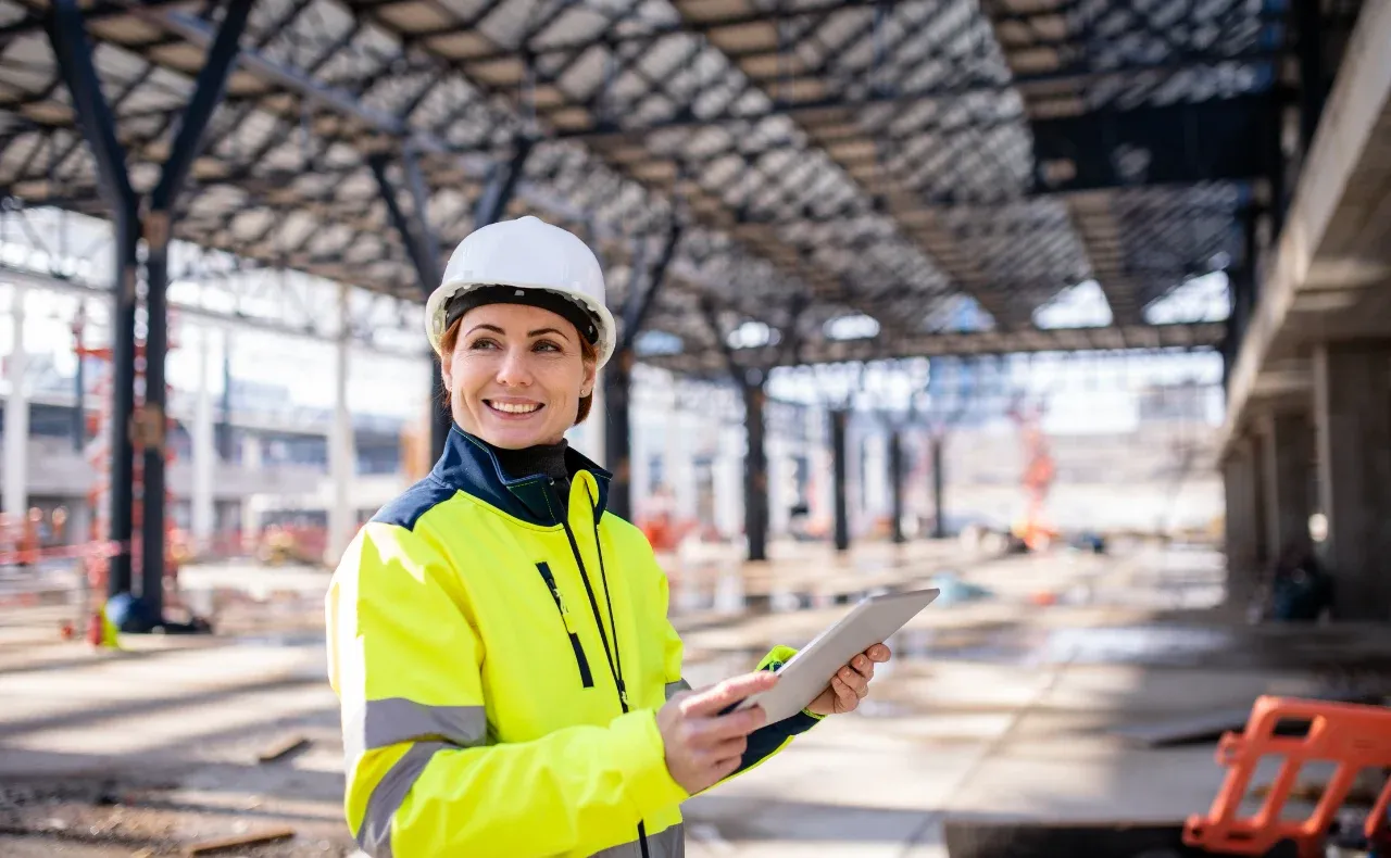 Engenheira sorridente com tablet em canteiro de obras