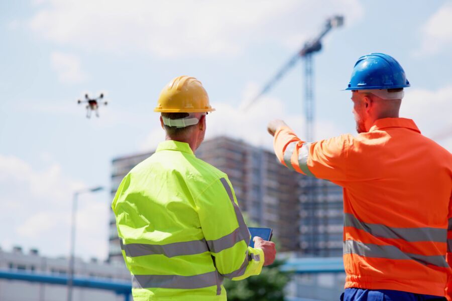 Engenheiros monitorando drone em canteiro de obras